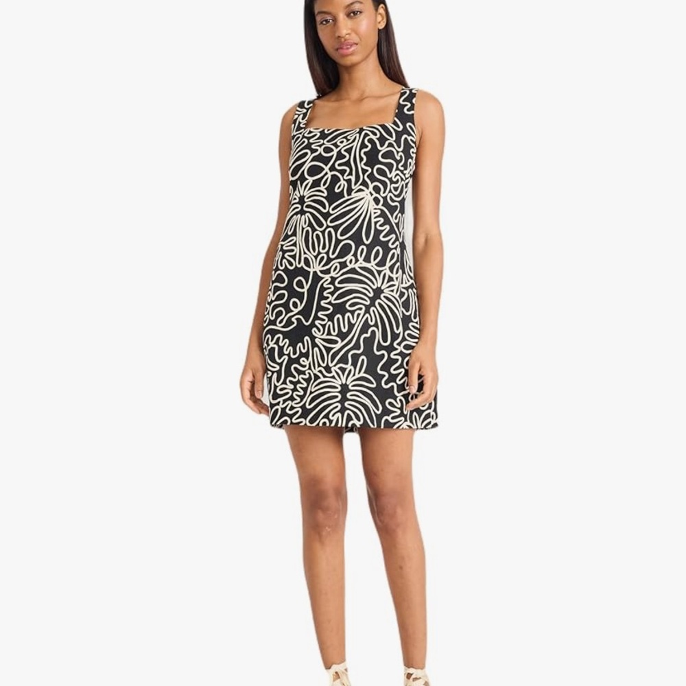 Sleeveless Black Mini Dress with White Abstract Print